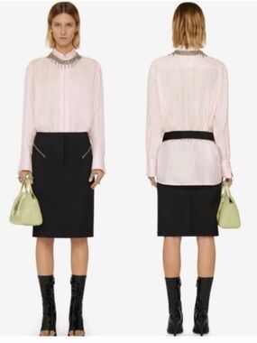 GIVENCHY LOGO 4G Silk Zip-front Jacquard Satin Shirt Long Sleeve Blouse Tunic